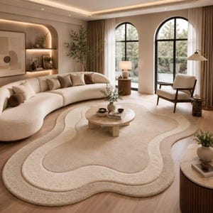 May include: A large, cream-coloured, organic-shaped area rug with layered, wavy borders sits in a living room. The room features a curved sofa with beige cushions, a round wooden coffee table, an armchair, and arched windows with natural light.