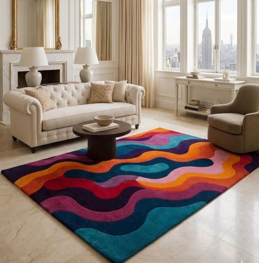 Retro Abstract Area Rug Colorful Wave Tufted Rug, Mid Century Modern ...