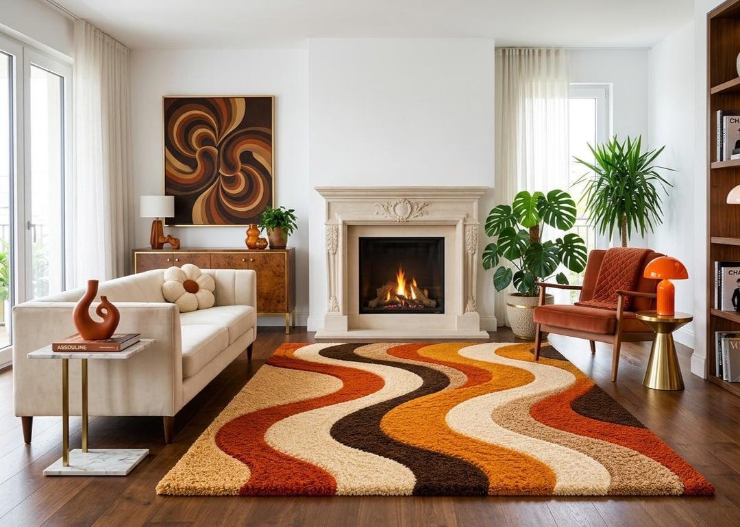 Retro Wave Area Rug, 70s Mid Century Modern Rug, Handmade Tufted Shag ...