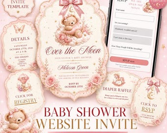 Zaproszenie na baby shower Over The Moon z możliwością edycji w serwisie Canva, animowana strona internetowa z zaproszeniem Sprinkle, animowane wideo z zaproszeniem