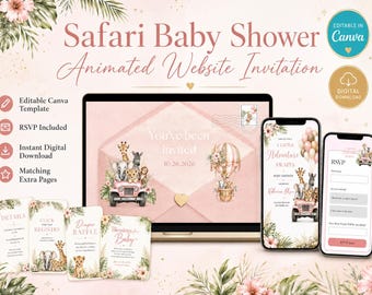 Edytowalne zaproszenie na baby shower w stylu Safari, strona internetowa z cyfrowym zaproszeniem na telefon, animowane zaproszenie z posypką
