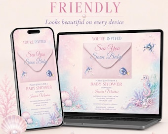 Animowane zaproszenie na baby shower z motywem podwodnego świata, edytowalne zaproszenie na stronę internetową Canva z RSVP i linkiem do rejestru