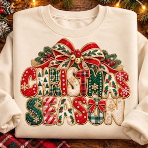 Christmas Season Shirt Design, Patchwork Bow, Bells, Greenery (PNG, PDF)