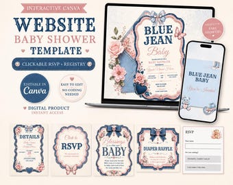 Zaproszenie na baby shower w kolorze Blue Jean, edytowalna strona internetowa z zaproszeniem Canva, animowane zaproszenie z możliwością śledzenia RSVP