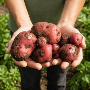 May include: A collection of freshly harvested red potatoes with visible dark soil clinging to their skins. The potatoes vary in size, ranging from small to large, and feature smooth, reddish-pink surfaces with natural earthy textures and indentations.