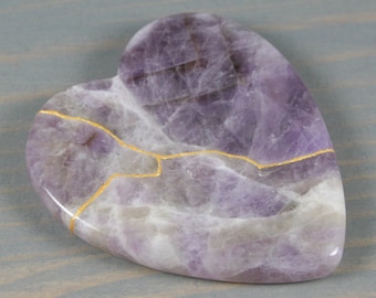 Kintsugi repaired amethyst heart worry stone or paperweight