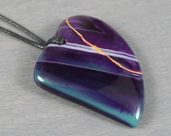 Kintsugi repaired dark purple banded agate broken heart pendant on and adjustable length black cotton cord necklace