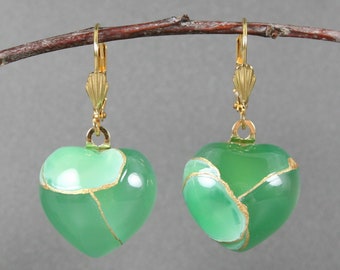 Kintsugi repaired green agate heart earrings on gold plated lever back ear wires