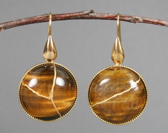 Kintsugi repaired tiger eye earrings with gold plated settings and ear wires