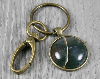 Kintsugi repaired moss agate key chain with an antiqued brass swivel lobster claw