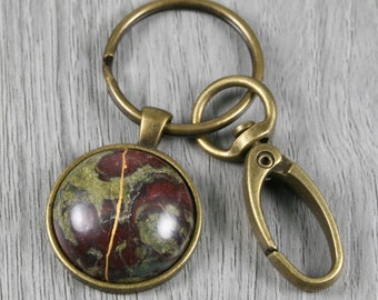 Kintsugi repaired dragon blood jasper key chain with an antiqued brass swivel lobster claw