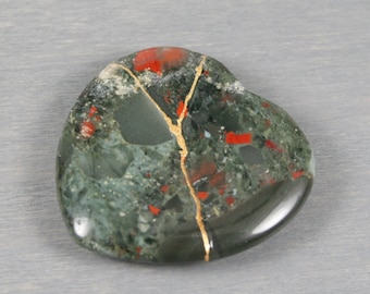 Kintsugi repaired African bloodstone heart worry stone