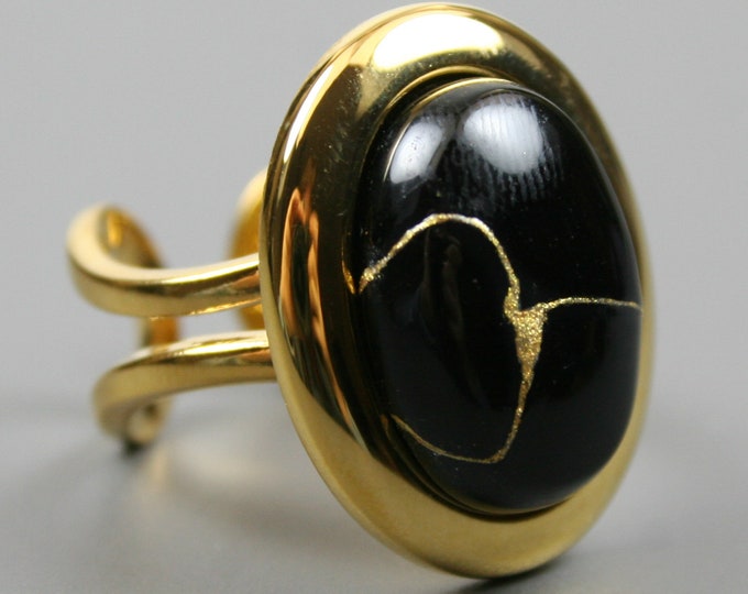 Kintsugi Repaired Black Onyx in a Gold Plated Adjustable Ring Etsy