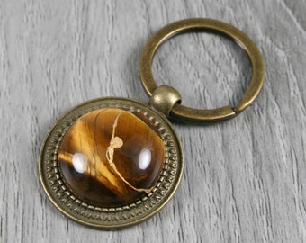 Petite kintsugi repaired tiger eye key chain with an antiqued brass key ring