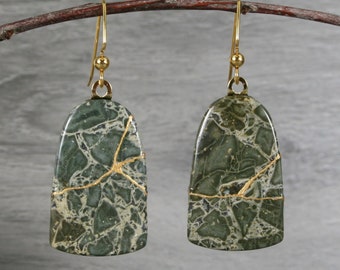 Kintsugi repaired Australian green lace jasper earrings on gold plated ear wires