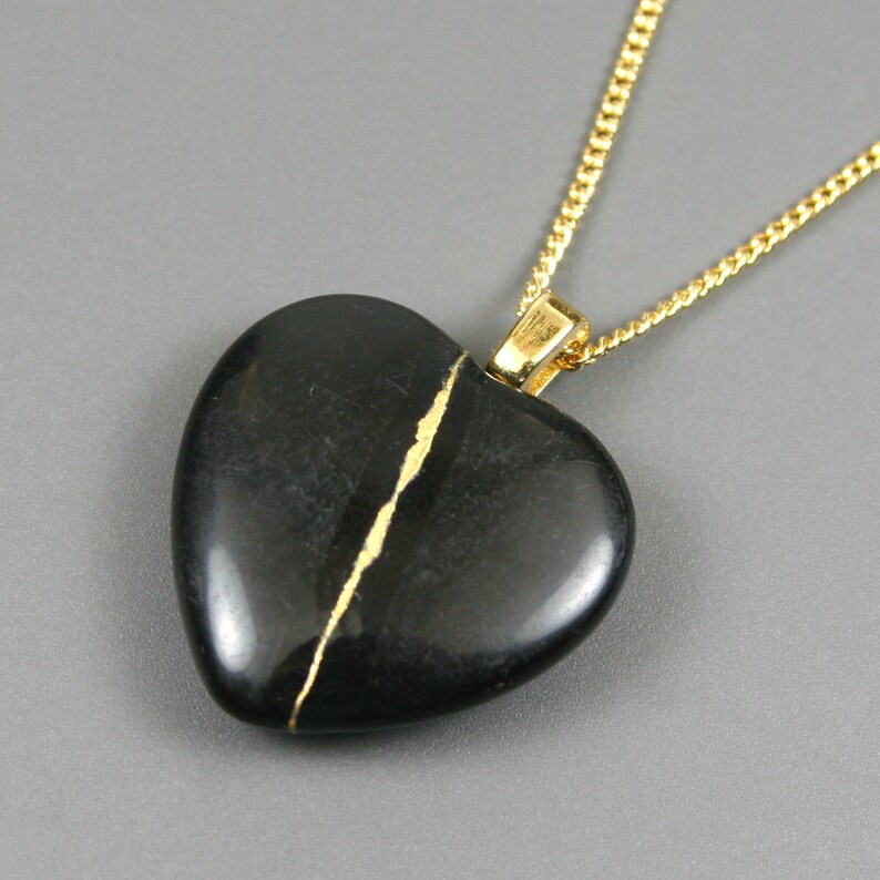 Broken Heart Pendant In Black Stone With Kintsugi Repair On - Black Stone Heart Pendant Broken Heart Pendant In Black Stone With Kintsugi Repair On - Black Stone Heart Pendant