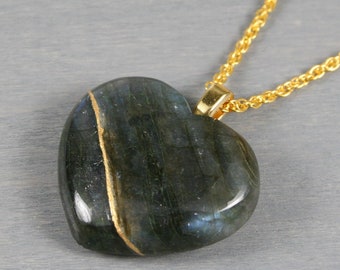 Kintsugi repaired labradorite broken heart pendant on a rope chain necklace