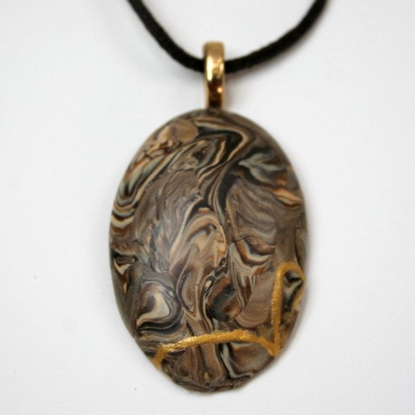 CLEARANCE SALE - Kintsugi style polymer clay cabochon in picture jasper coloring on brown waxed cotton necklace - OOAK