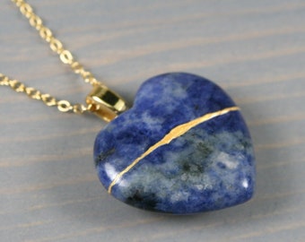 Kintsugi repaired sodalite broken heart pendant on a chain necklace