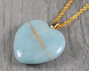 Kintsugi repaired amazonite broken heart pendant on a rope chain necklace