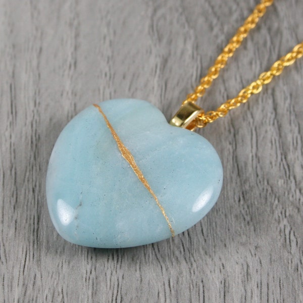 Kintsugi repaired amazonite broken heart pendant on a rope chain necklace