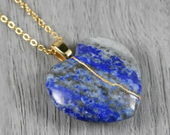 Kintsugi repaired lapis lazuli broken heart pendant on a chain necklace