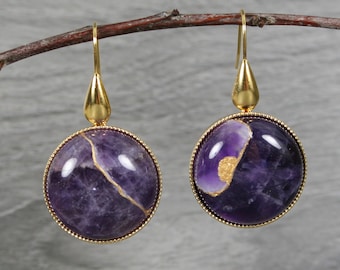 Kintsugi repaired amethyst earrings with gold plated settings and ear wires