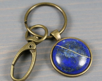 Kintsugi repaired lapis lazuli key chain with an antiqued brass swivel lobster claw