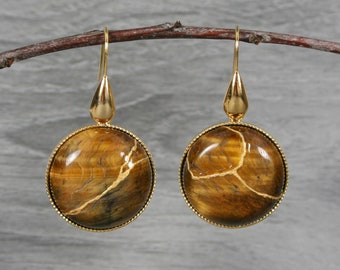 Kintsugi repaired tiger eye earrings with gold plated settings and ear wires