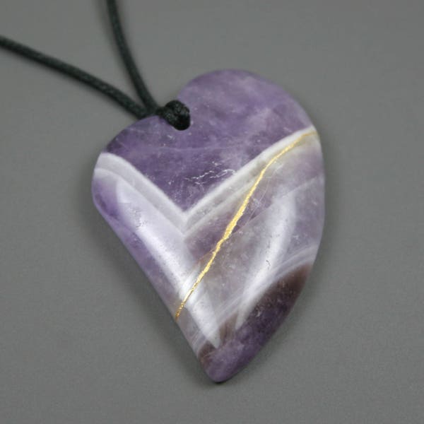 Kintsugi (kintsukuroi) amethyst stone broken heart pendant with gold repair on black cotton cord - OOAK