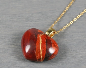 Petite brecciated jasper broken heart pendant with kintsugi repair on a vermeil chain necklace