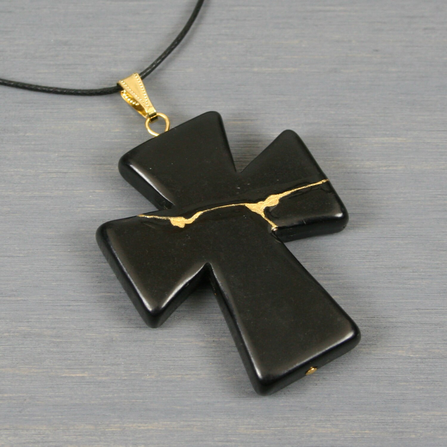 Kintsugi Repaired Black Howlite Cross Pendant On Cotton Cord
