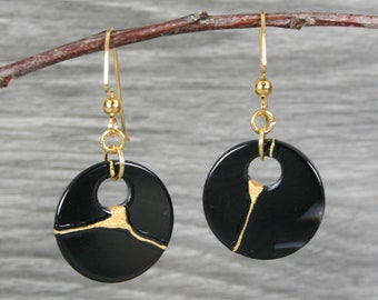 Kintsugi repaired black agate gogo earrings on gold plated ear wires