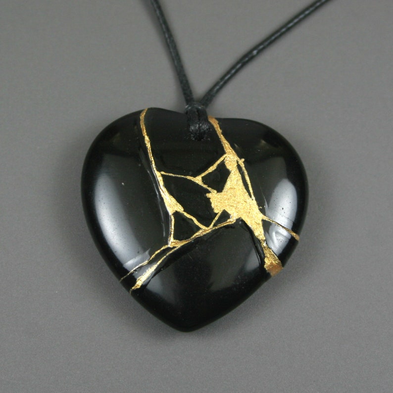 Kintsugi kintsukuroi obsidian stone heart pendant with gold Etsy