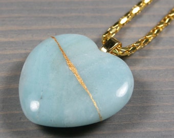 Kintsugi repaired amazonite broken heart pendant on a thick chain necklace