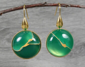 Kintsugi repaired green agate earrings with gold plated settings and ear wires