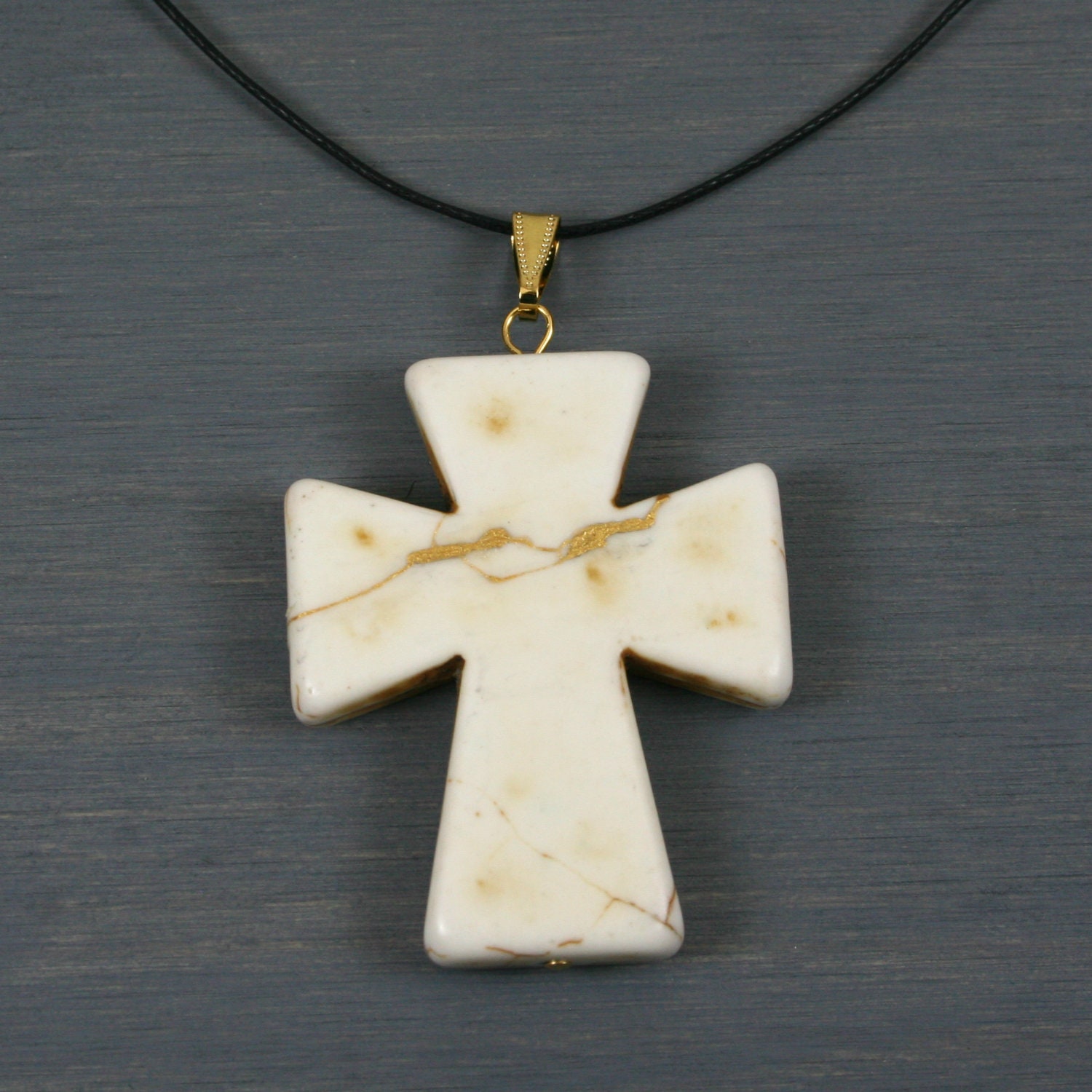 Kintsugi Repaired White Howlite Cross Pendant On Black Cotton Cord
