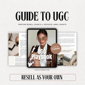 May include: A digital marketing guide titled "Guide to UGC" with the text "Master Resell Rights + Private Label Rights." The image features a woman with glasses and a tablet displaying "UGC Playbook" and "Your 30-Day Success Plan to Make Money Online."