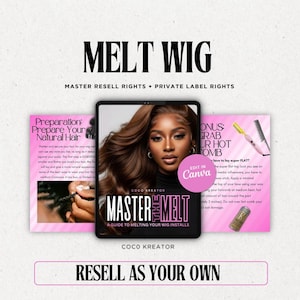 Può includere: Una guida digitale intitolata Master The Melt per l'installazione di parrucche, con il ritratto di una persona dai lunghi capelli castani. La guida include sezioni sulla preparazione dei capelli e l'uso del pettine caldo con testo.