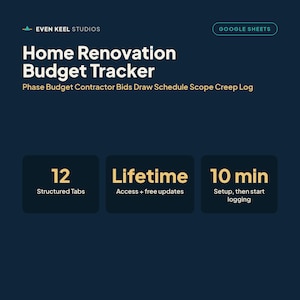 Puede incluir: Un rastreador digital de presupuesto para renovación de viviendas para Google Sheets de Even Keel Studios. Incluye 12 pestañas estructuradas, acceso de por vida con actualizaciones gratuitas y un tiempo de configuración de 10 minutos.