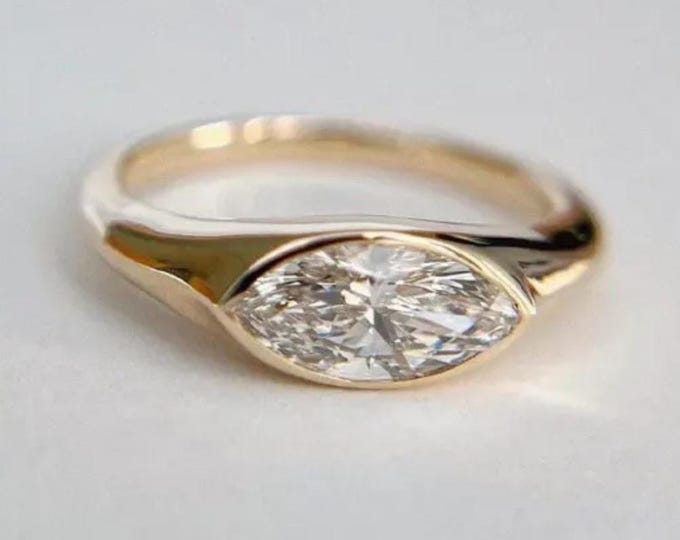 1.50ct East West Marquise Cut Moissanite Solitaire Ring, Modern Minimalist Bezel Set Engagement Ring, 14K Solid Gold Anniversary Ring