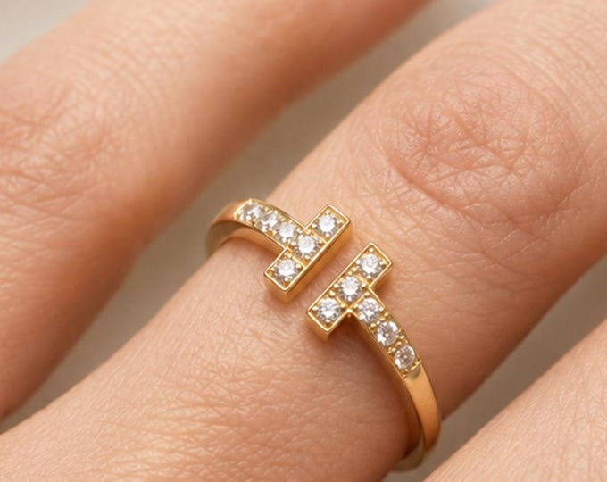 Gold Double T Ring, 14K Solid Gold Open Band with Moissanite Stones, Modern Minimalist Adjustable Ring, Dainty Gold Jewelry, Open Cuff Ring