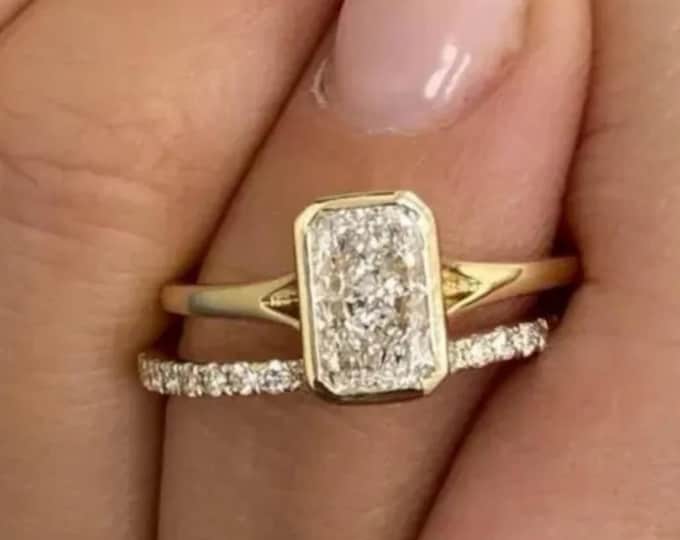 Radiant Cut Moissanite Engagement Ring Set, 14K Solid Yellow Gold  Bezel Set Solitaire Ring, Minimalist Bridal Set, Modern Wedding Jewelry