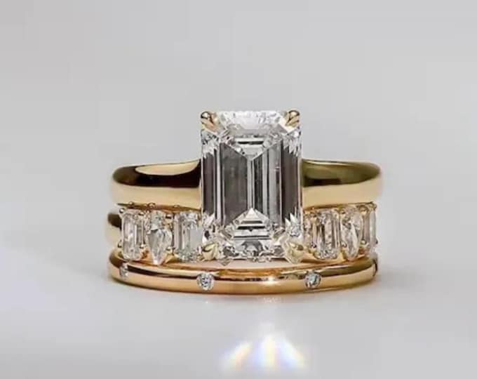 Emerald Cut Moissanite Engagement Ring Set, 14K Solid Gold Bridal Set, Three Piece Wedding Ring With Matching Promise Bands