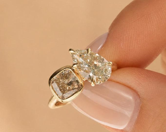 Toi Et Moi Moissanite Engagement Ring, Pear & Cushion Cut Double Stone Ring, 14K Yellow Gold You and Me Ring, Modern Bridal Jewelry