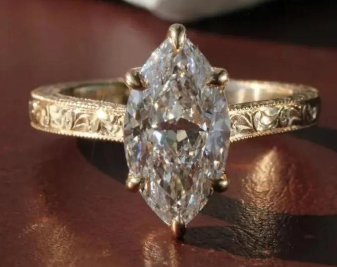 Vintage Inspired Marquise Moissanite Ring With Engraved Band, 14K Yellow Gold Art Deco Wedding Ring, Unique Designer Custom Anniversary Gift