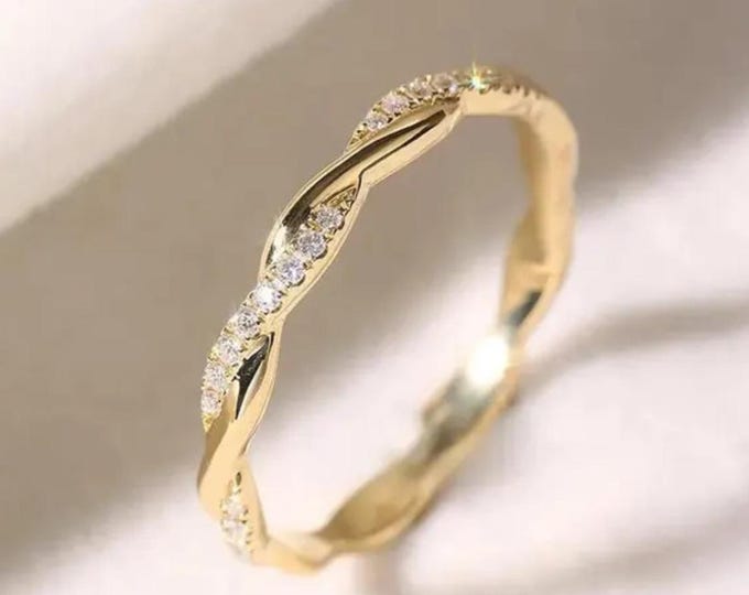 Round Cut Moissanite Pave Set Wedding Band, 14K Solid Gold Crossover Infinity Engagement Ring, Minimalist Wedding Jewelry For Bride