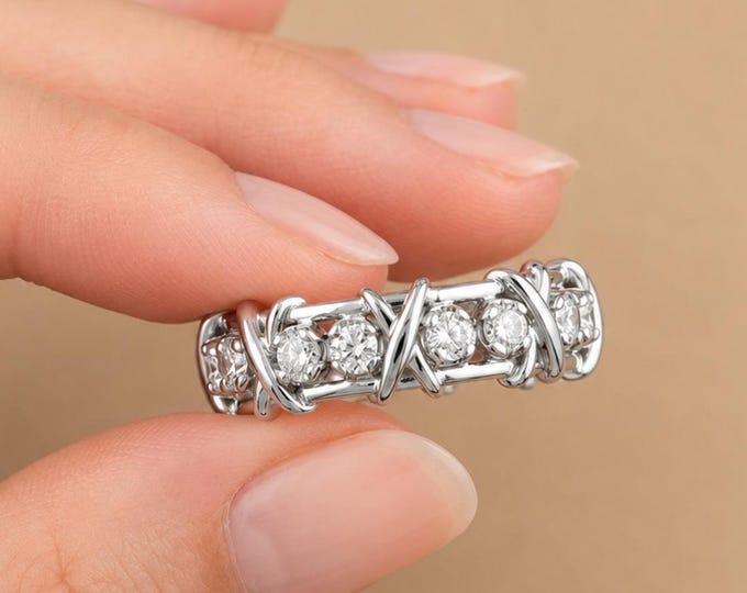 Round Cut Moissanite X Ring, Full Eternity Wedding Band, Sixteen Stone Anniversary Ring, Promise Rings For Her, Custom Bridal Ring