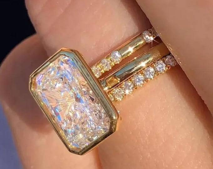Radiant Cut Moissanite Engagement Ring Set, 14K Solid Gold Bridal Set, Bezel Setting Modern Statement Ring, Stackable Wedding Band