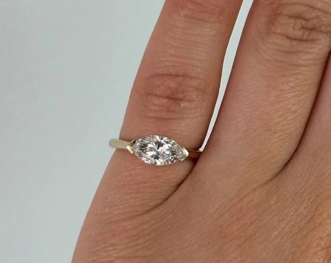 East West Marquise Moissanite Pinky Ring, 14K Solid Gold 1.5 CT Solitaire Ring, Travel Engagement Ring, Pinky Promise Ring Gift For Her